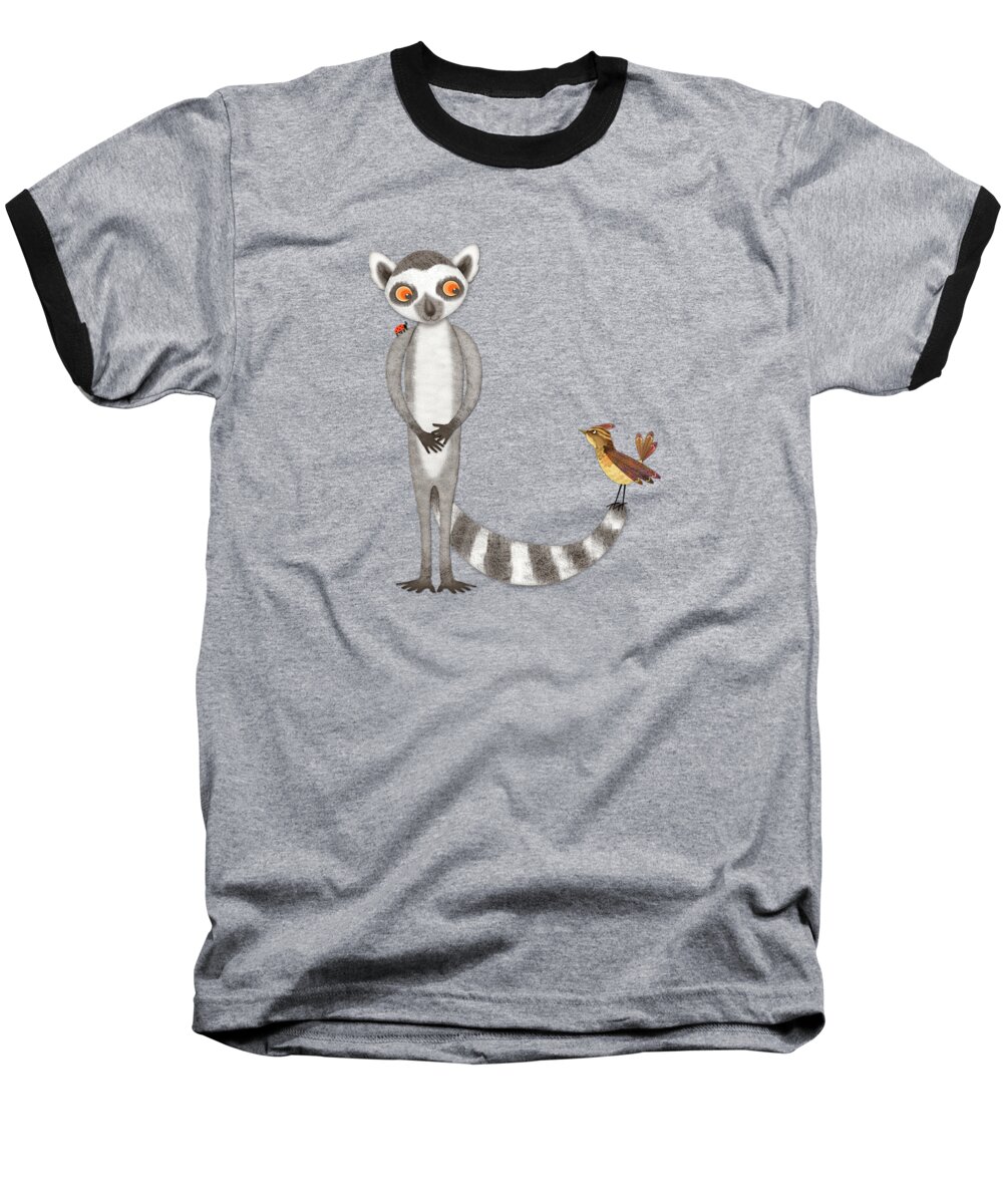 Lemur Baseball T-Shirt featuring the digital art L is for Lemur and Lark by Valerie Drake Lesiak