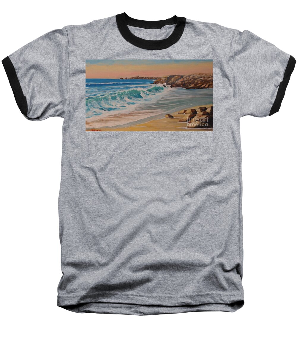 Atlantic Ocean Baseball T-Shirt featuring the painting La pointe du Raz, Bretagne, France by Jean Pierre Bergoeing