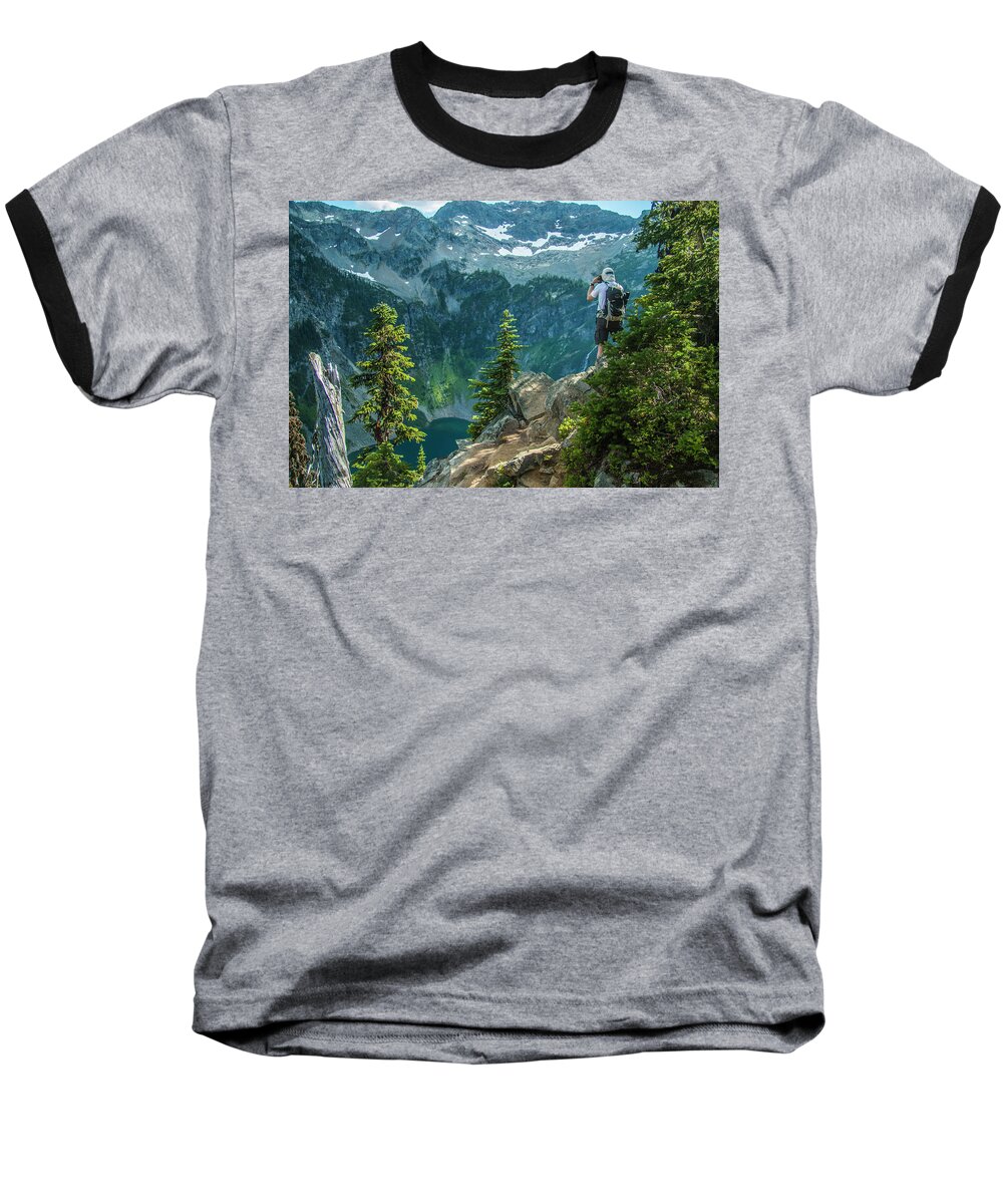 Photographer Capturing An Image High Above Rainy Lake Along The Maple Pass Trail In North Cascades National Park. Baseball T-Shirt featuring the photograph Lakeside View by Doug Scrima