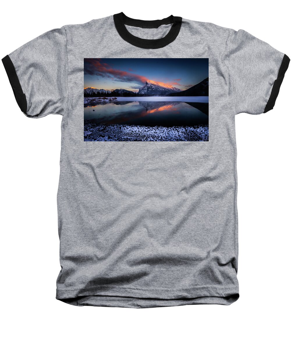Canada Baseball T-Shirt featuring the photograph Last Light on Mount Rundle by Peter OReilly