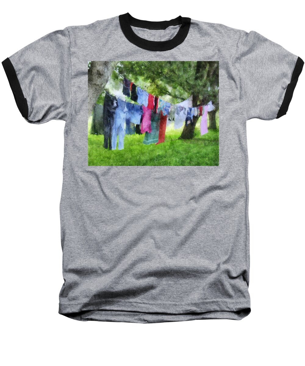 Laundry. Wash; Washing; Clothes; Line; Clothesline; Hung; Hanging; Dry; Drying; Trees; Oaks Baseball T-Shirt featuring the digital art Laundry Line by Frances Miller