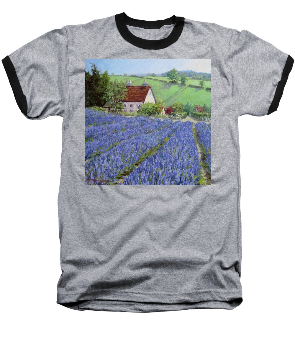 England Landscape Baseball T-Shirt featuring the painting Lavender Hill by L Diane Johnson