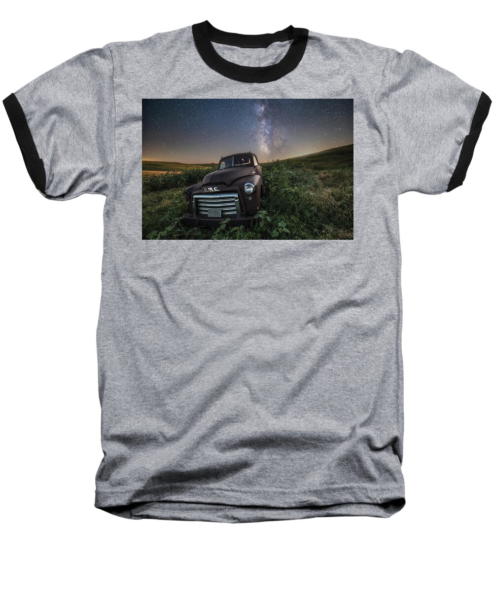 Usa Truck Top Pierre Abandoned Space Decay Rural Farm Forgotten Rust Astronomy Chrome Milky Way Baseball T-Shirt featuring the photograph Left to Rust by Aaron J Groen