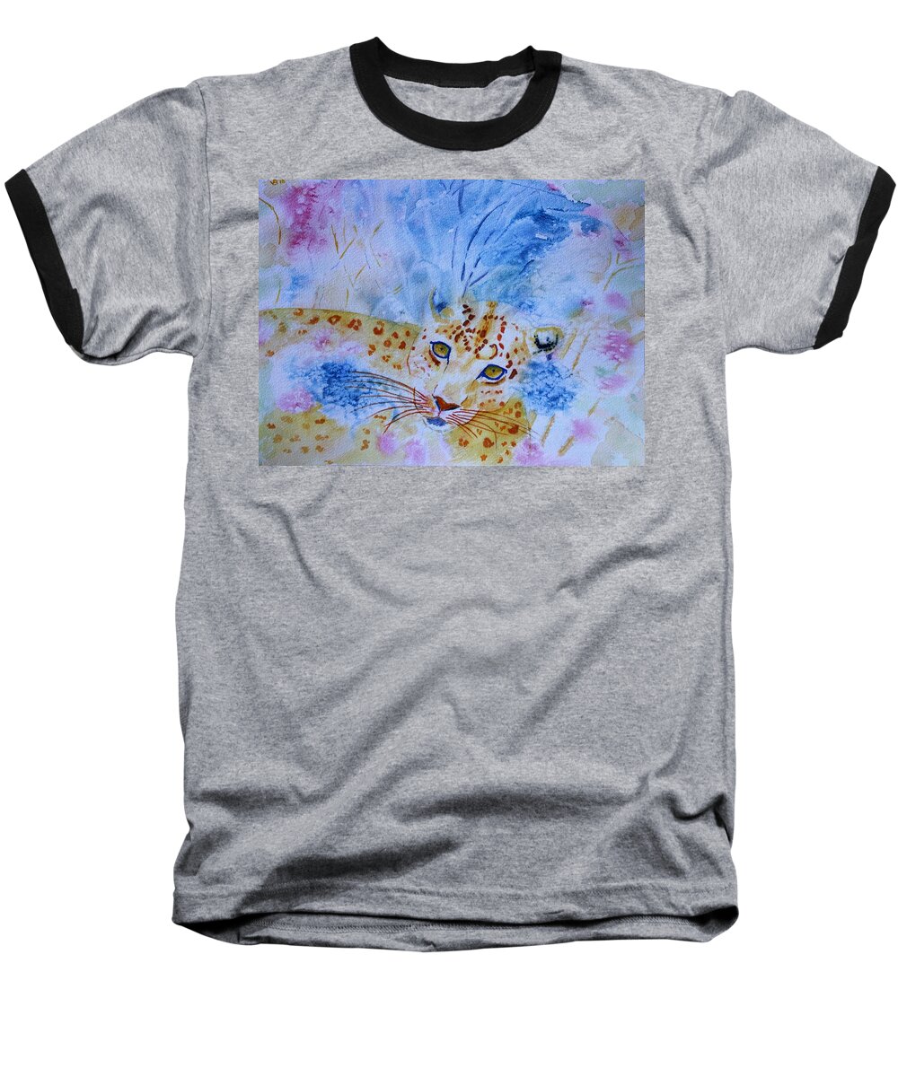 Leopard Baseball T-Shirt featuring the painting Leopard Hide and Seek by Vera Smith