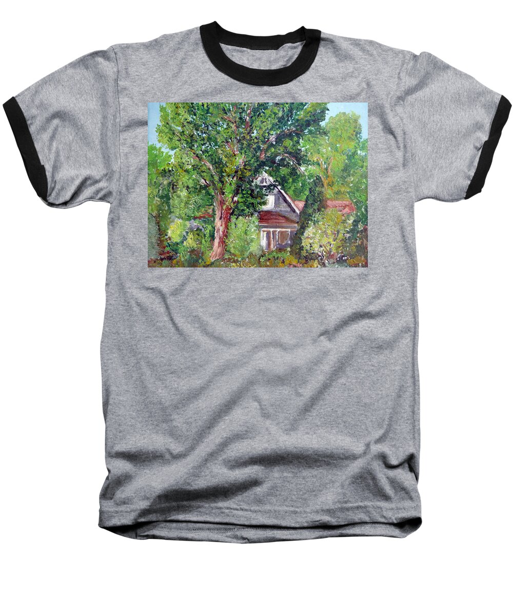 Ralph\'s House Baseball T-Shirt featuring the painting Lesher Homestead Boulder CO by Tom Roderick
