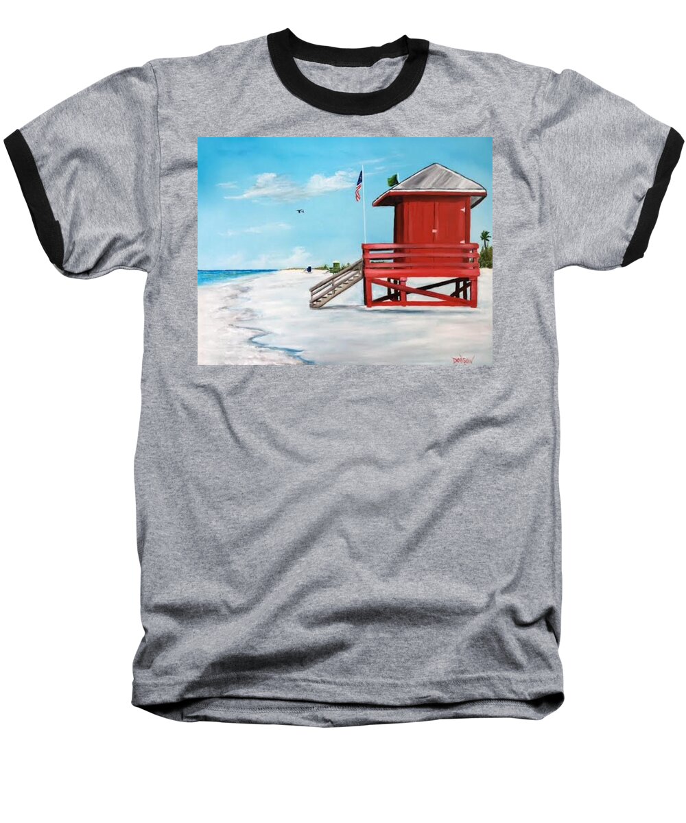 Lifeguard Shack Baseball T-Shirt featuring the painting Let's Meet At The Red Lifeguard Shack by Lloyd Dobson