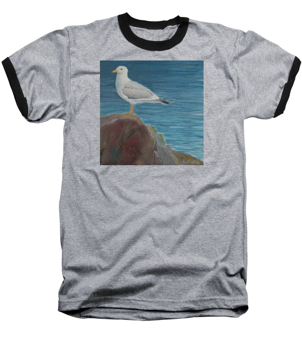 Bird Beach Rocks Seagull Ocean Bay Water Seaweed Artist Scott White Baseball T-Shirt featuring the painting Life On The Rocks by Scott W White