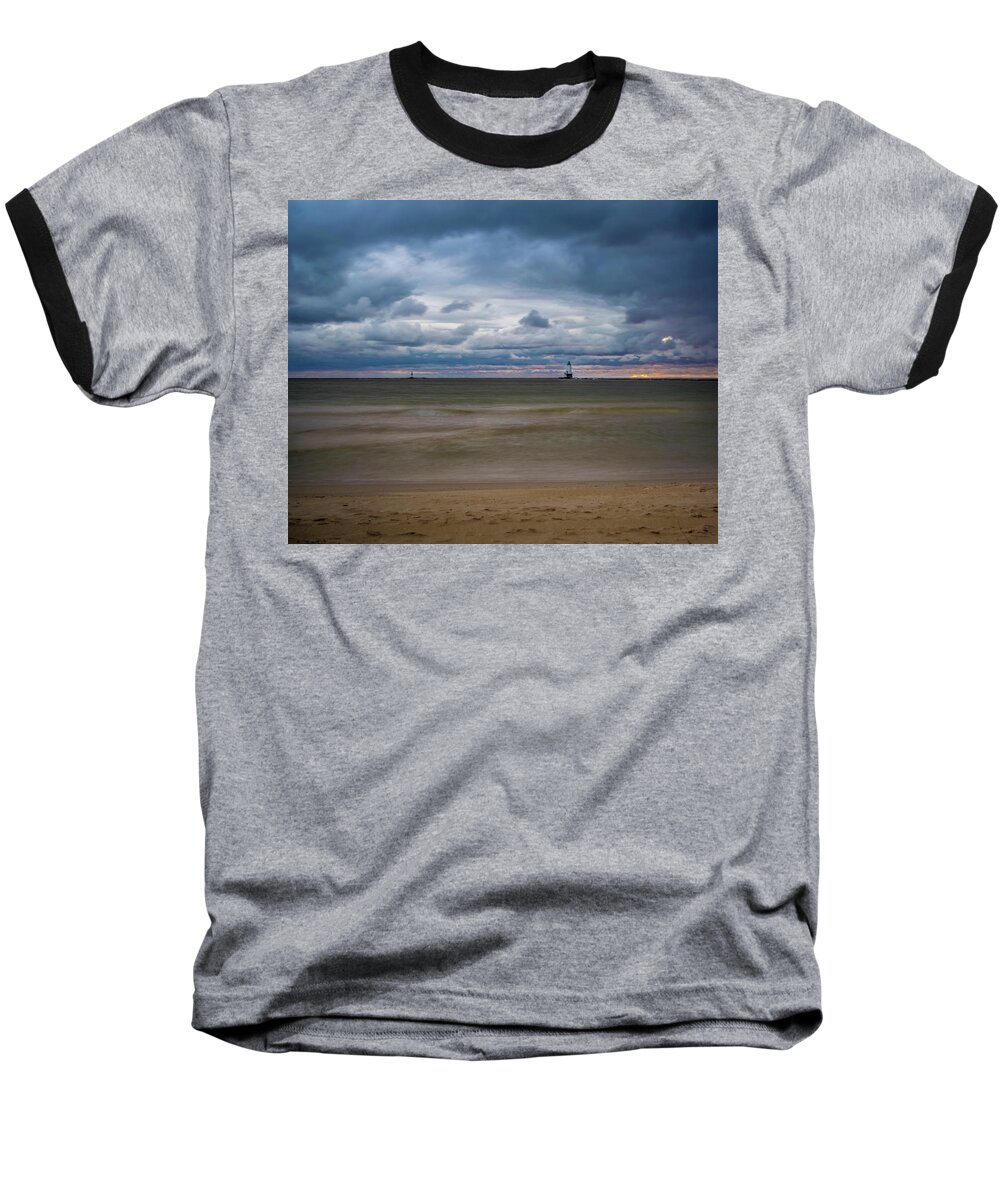 Ludington Mi Baseball T-Shirt featuring the photograph Lighthouse Under Brewing Clouds by Lester Plank