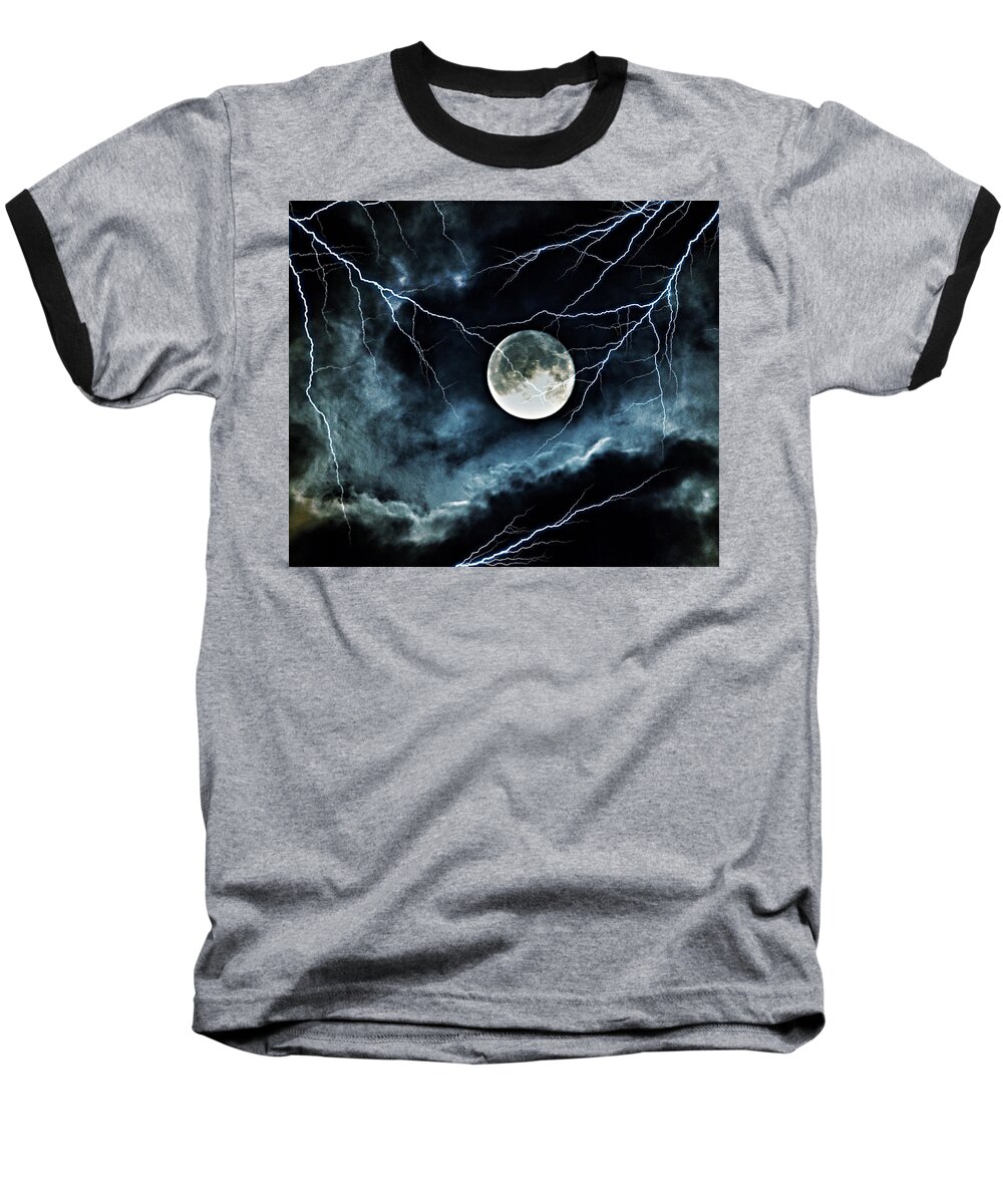 Lightning Sky At Full Moon Baseball T-Shirt featuring the photograph Lightning Sky at Full Moon by Marianna Mills