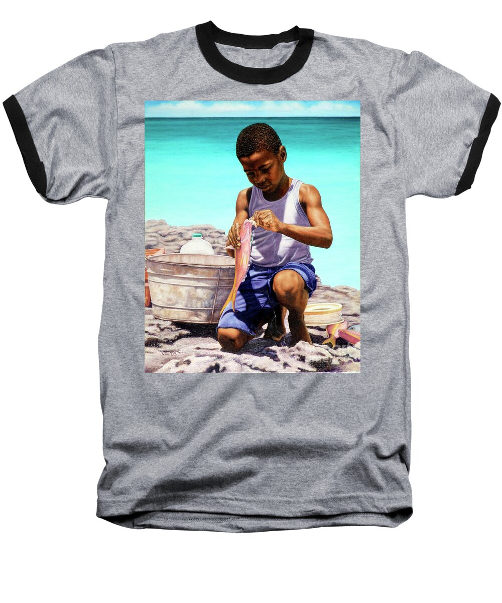 Little Baseball T-Shirt featuring the painting Lil Fisherman by Nicole Minnis