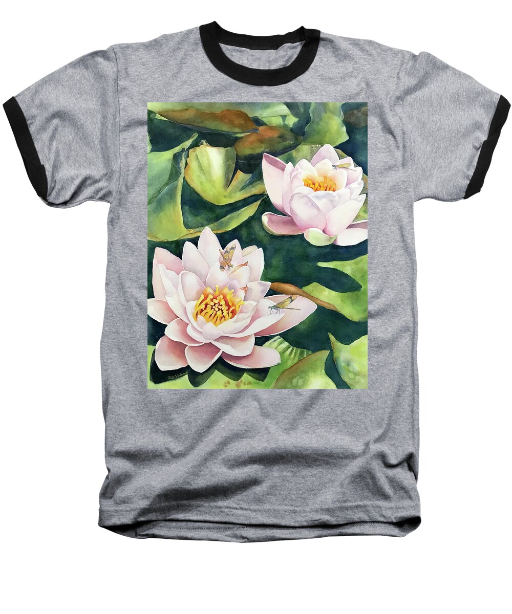 Lily Baseball T-Shirt featuring the painting Lilies and Dragonflies by Hilda Vandergriff