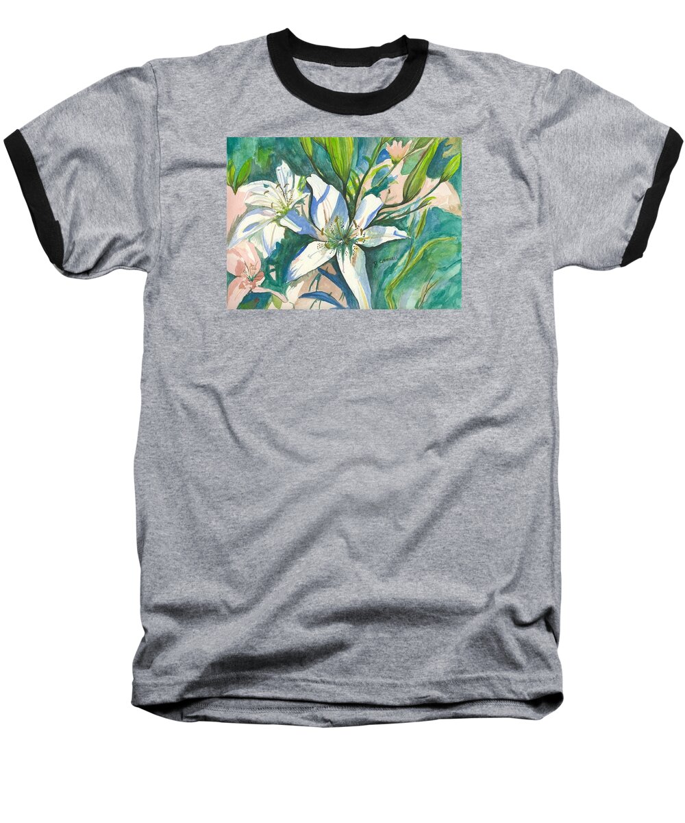 Two Baseball T-Shirt featuring the painting Lillies two by Darren Cannell