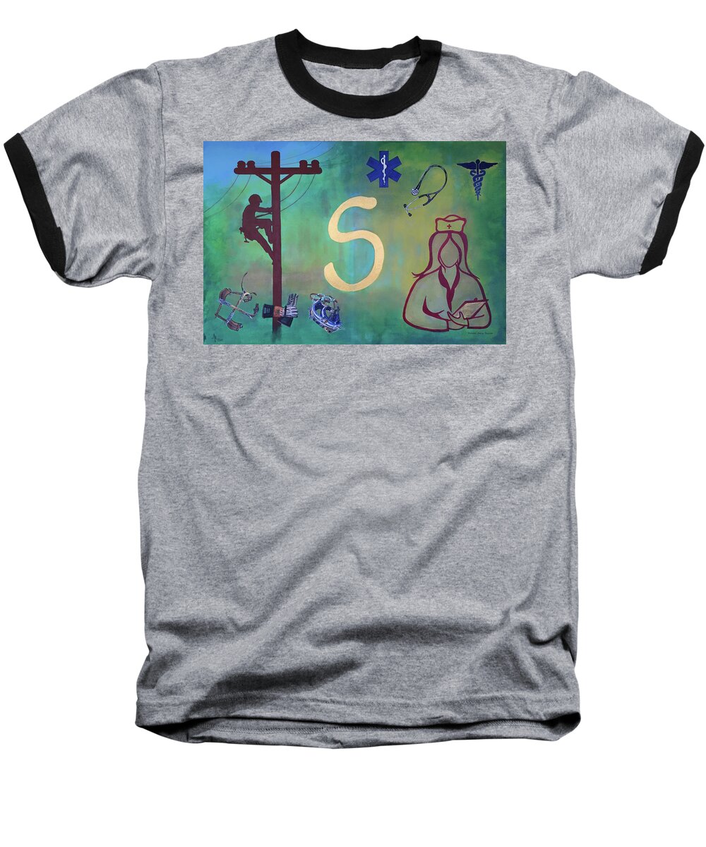 Lineman Baseball T-Shirt featuring the painting Lineman and Nurse by Anna Ruzsan