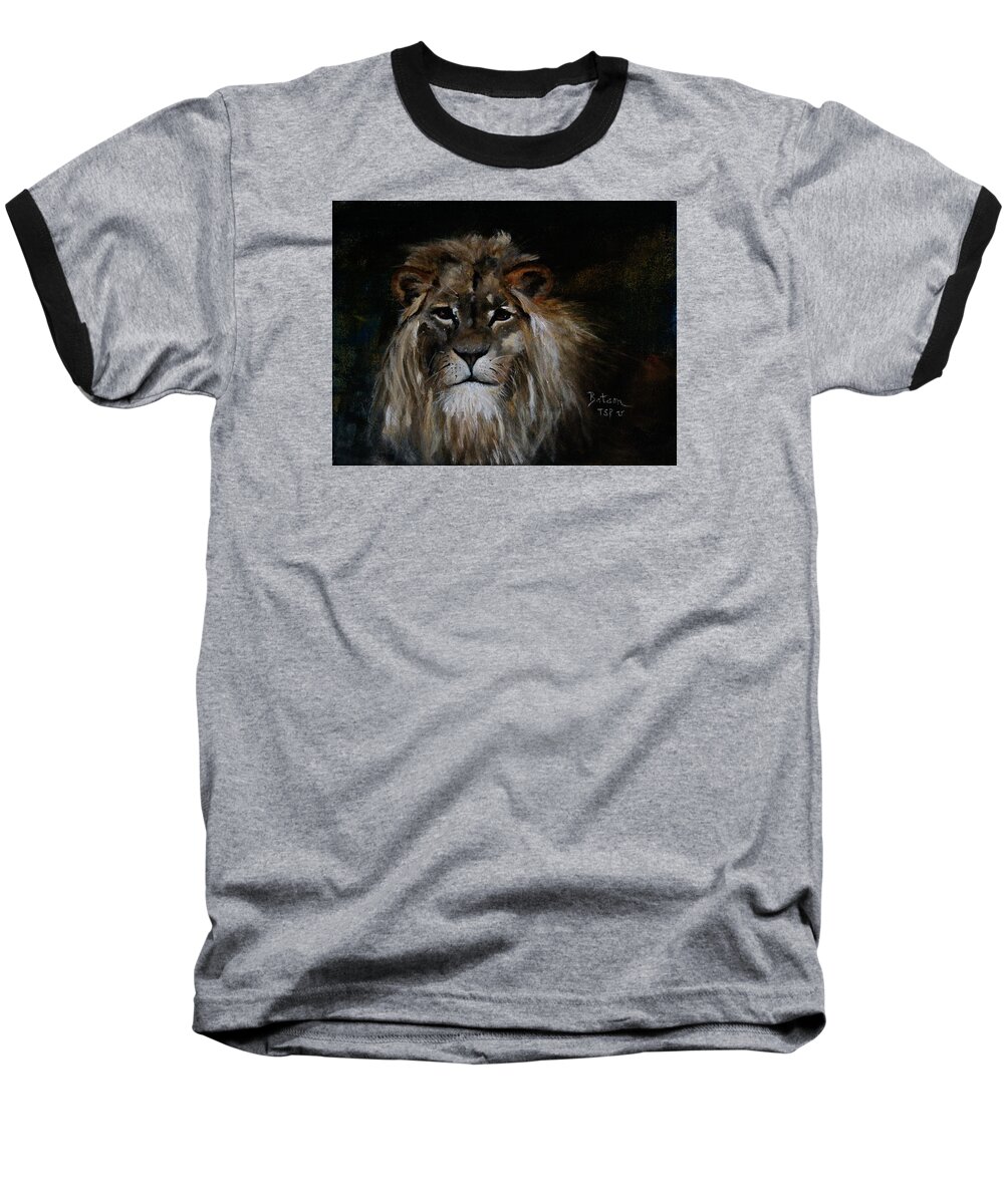 Barbie Batson Baseball T-Shirt featuring the painting Sargas the Lion by Barbie Batson