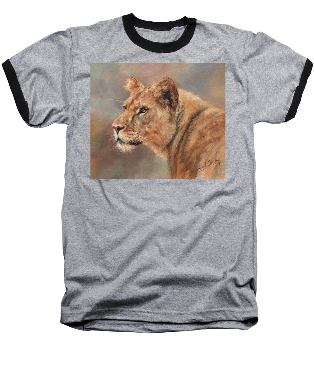 Lioness Baseball T-Shirt featuring the painting Lioness Portrait by David Stribbling