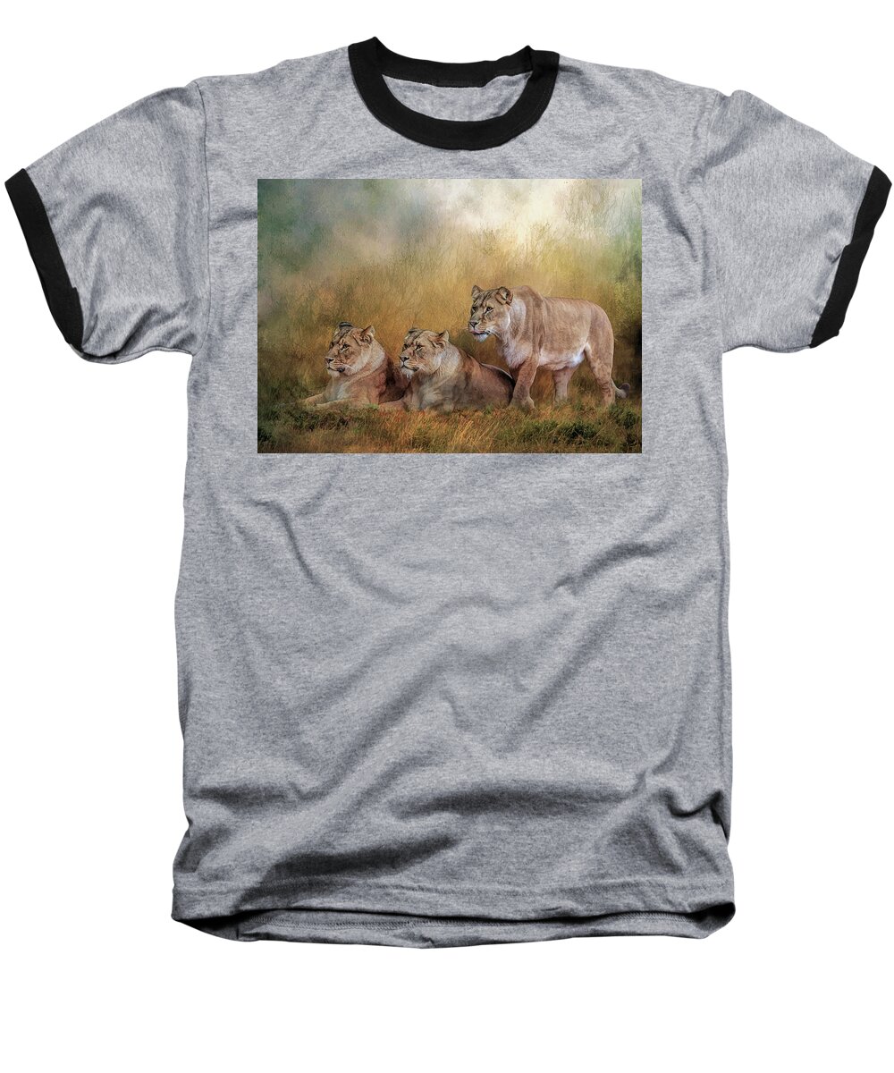 Lionesses Baseball T-Shirt featuring the digital art Lionesses watching the herd by Brian Tarr
