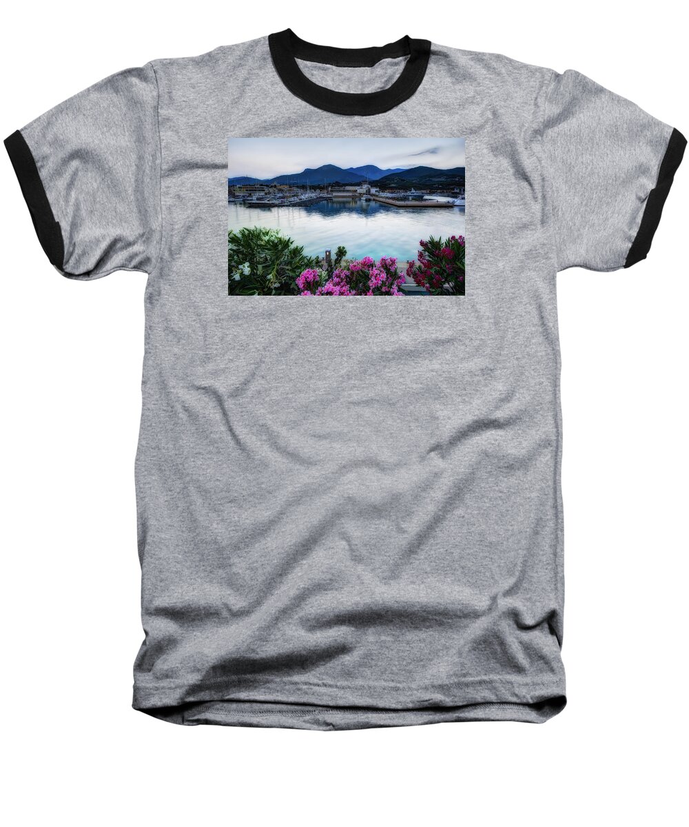 Loano Baseball T-Shirt featuring the photograph LOANO SUNSET over sea and mountains with flowers by Enrico Pelos
