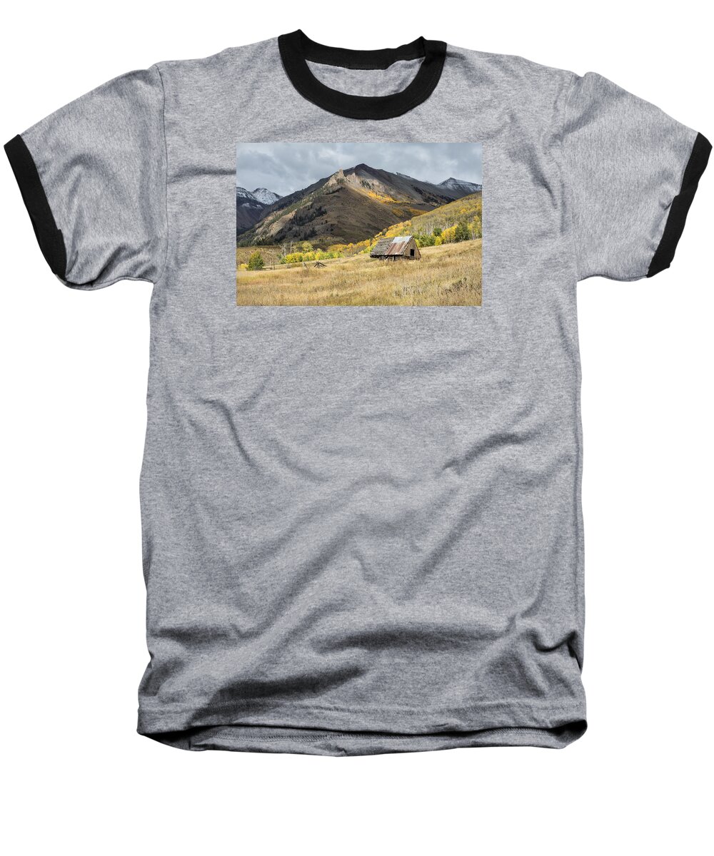 Autumn Baseball T-Shirt featuring the photograph Log Barn In the Mountains by Denise Bush