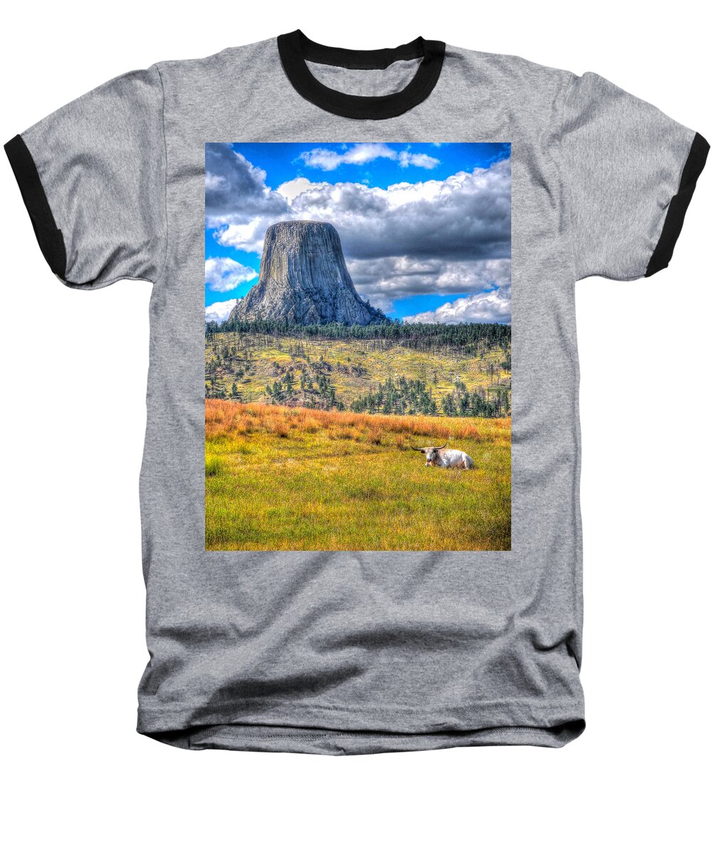 Devils Tower Baseball T-Shirt featuring the photograph Longhorn at Devils Tower by Don Mercer