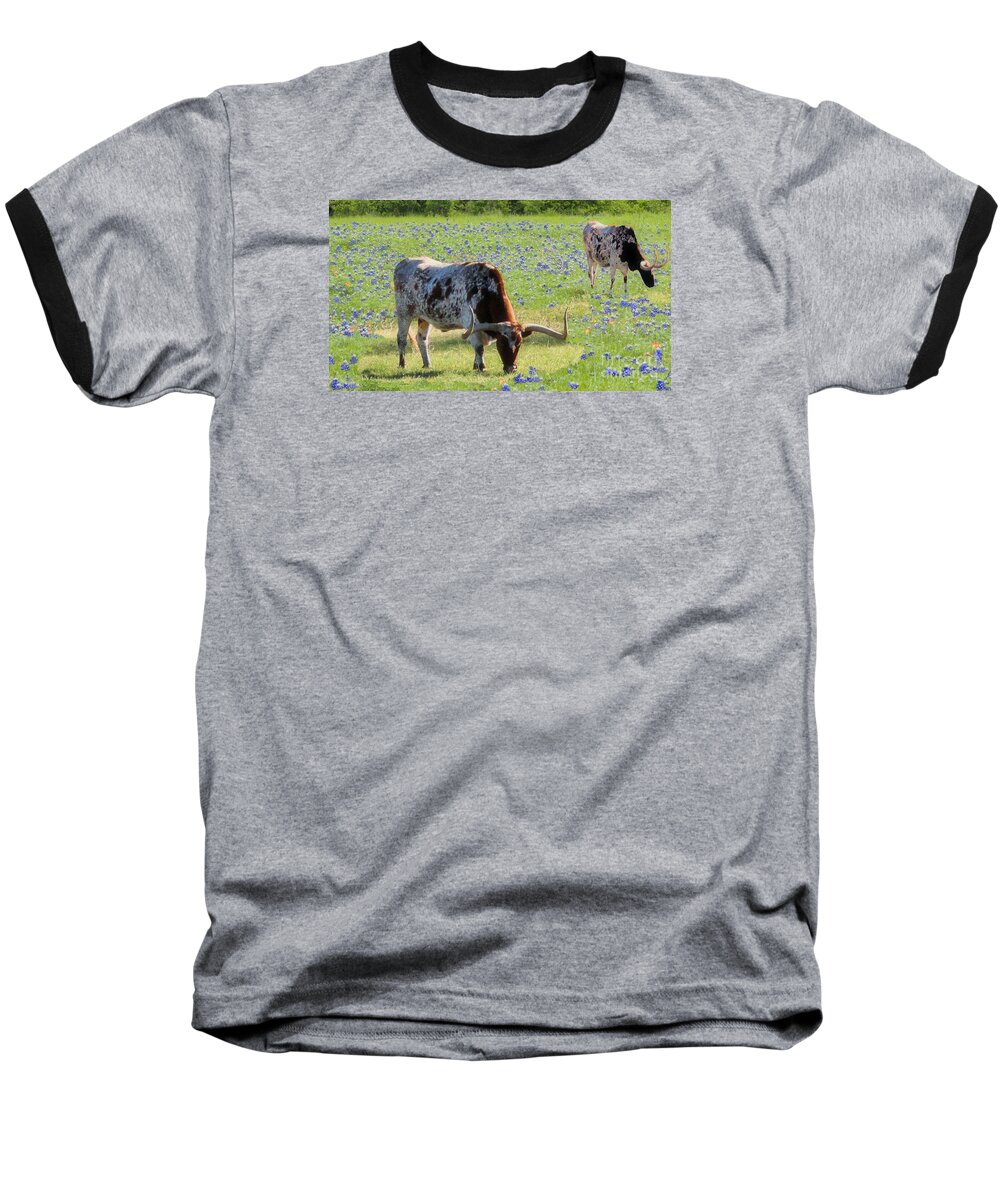 Bluebonnets Baseball T-Shirt featuring the photograph Longhorns in the Bluebonnets by Janette Boyd