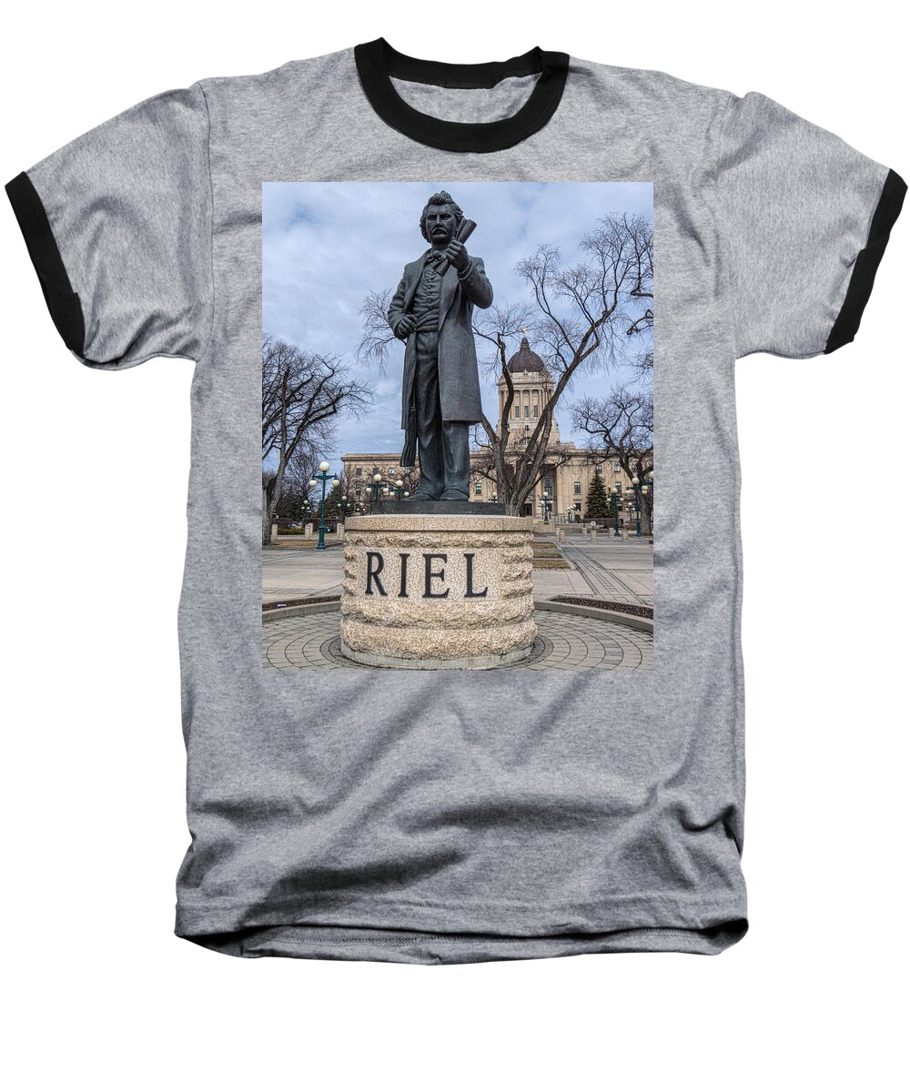 Louis Riel Baseball T-Shirt featuring the photograph Louis Riel statue at the Manitoba Legislative Building by Tom Gort
