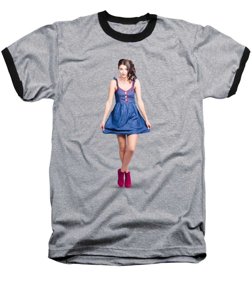 Pinup Baseball T-Shirt featuring the photograph Lovable eighties female pin-up in denim dress by Jorgo Photography