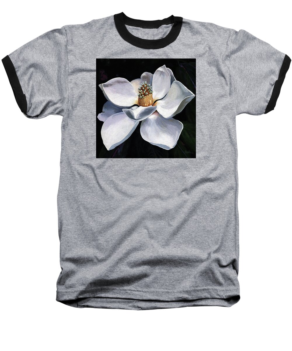 Magnolia Baseball T-Shirt featuring the painting Lovely in White - painting magnolia flower by Linda Apple