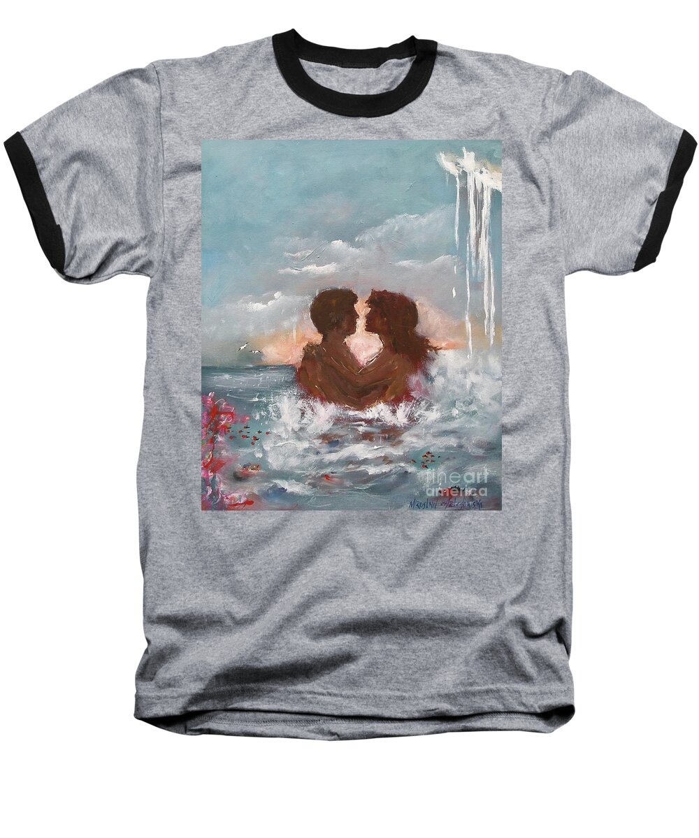 Lovers Ocean Wave Water Love Kiss Man Woman Sky Beach Blue Hug Vacation Relax Swim Fish Acrylic Painting On Canvas Print Romantic Baseball T-Shirt featuring the painting Lovers by Miroslaw Chelchowski