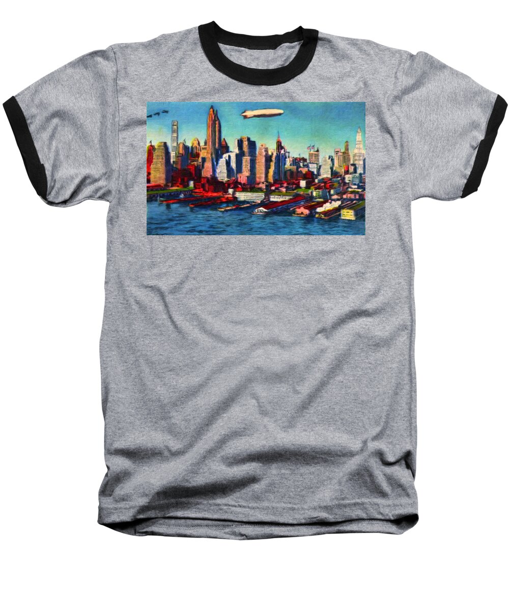 Lower Manhattan Baseball T-Shirt featuring the painting Lower Manhattan Skyline New York City by Vincent Monozlay