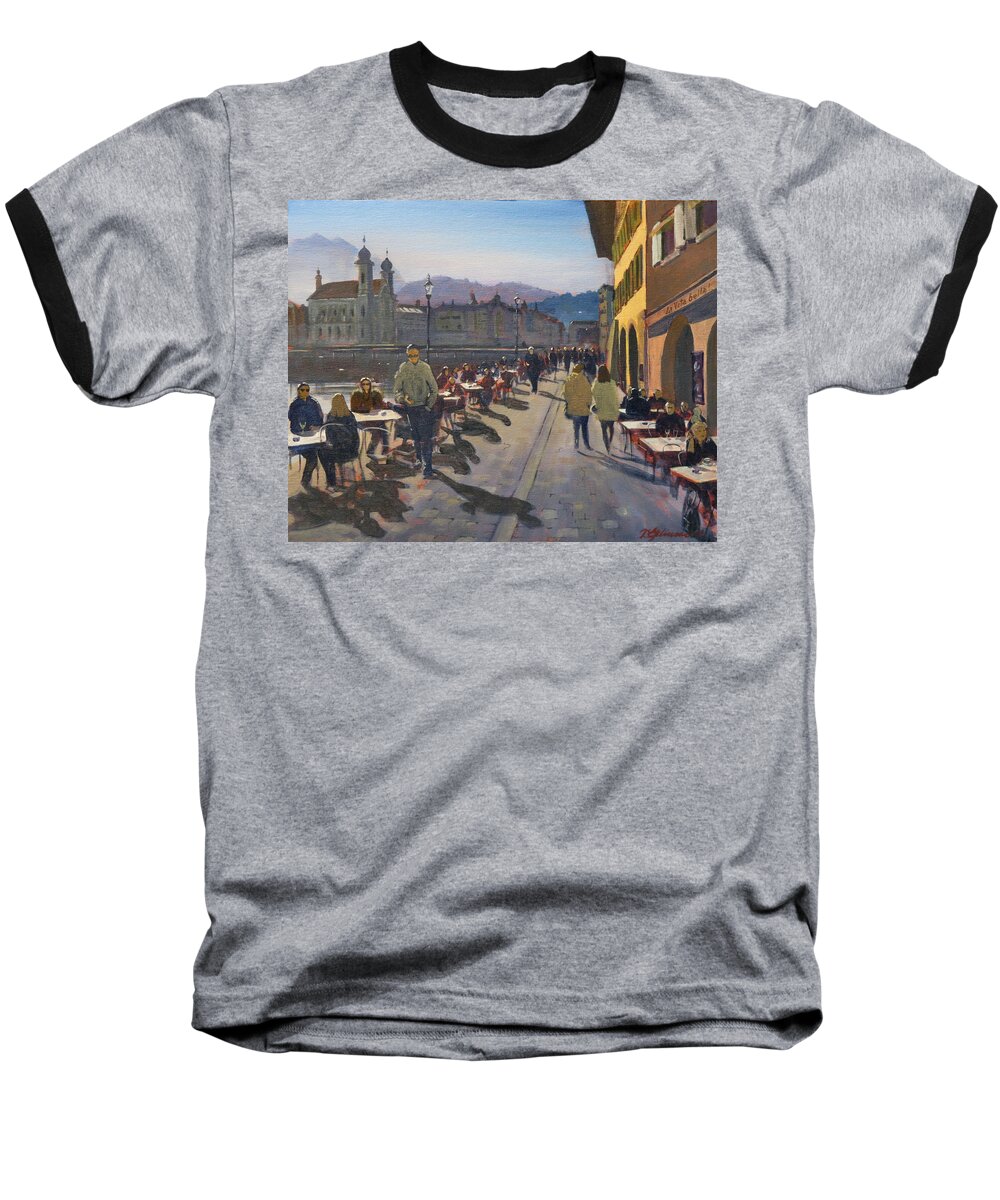 Switzerland Baseball T-Shirt featuring the painting Lunchtime in Luzern by David Gilmore
