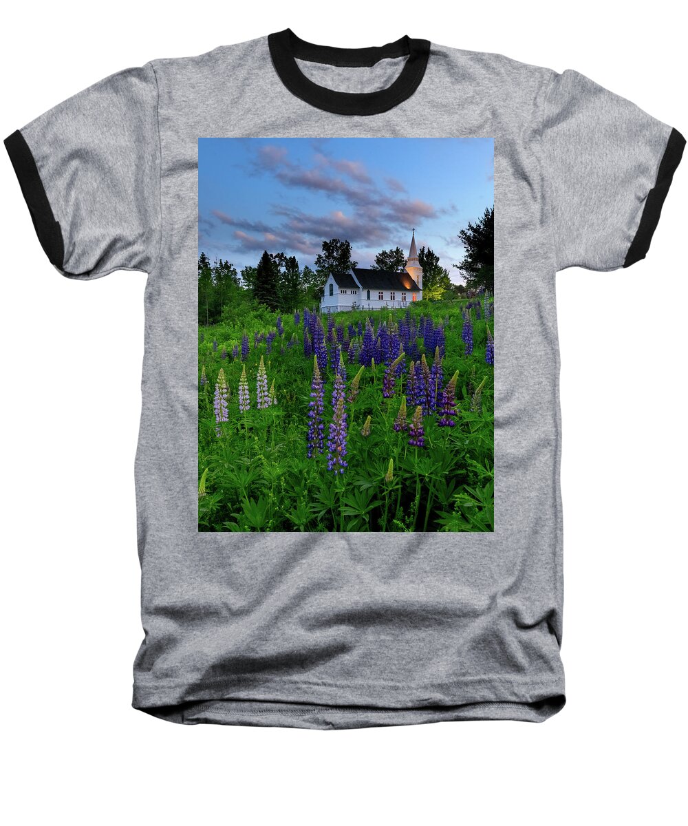 Lupines Baseball T-Shirt featuring the photograph Lupines by the Church by Rob Davies