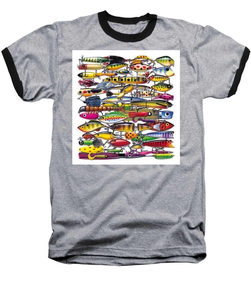Jon Q Wright Jq Licensing Trout Fly Flyfishing Brown Trout Rainbow Trout Brook Trout Cutthroat Trout Fishing Lodge Cabin Antique Lures Lure Tackle Baseball T-Shirt featuring the painting Lured by JQ Licensing