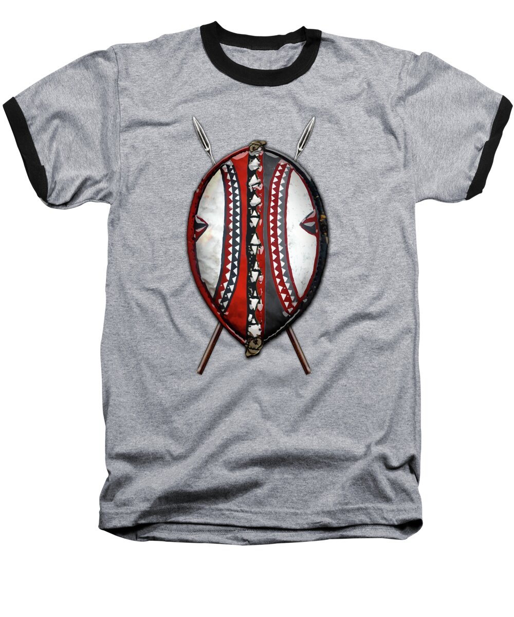 'war Shields' Collection By Serge Averbukh Baseball T-Shirt featuring the digital art Maasai War Shield with Spears on Red Velvet by Serge Averbukh