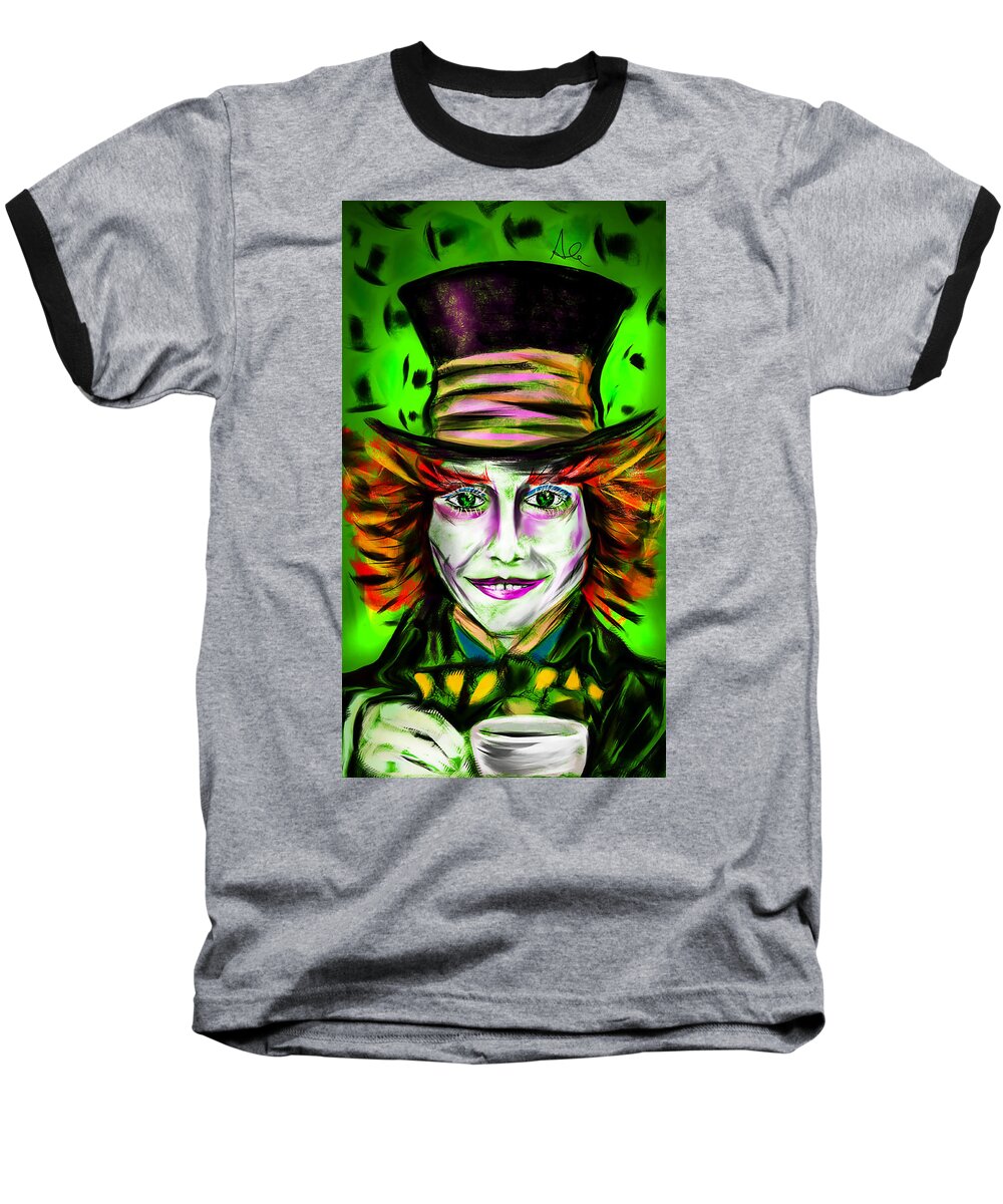 Mad Hutter Baseball T-Shirt featuring the drawing Mad Hatter #2 by Alessandro Della Pietra