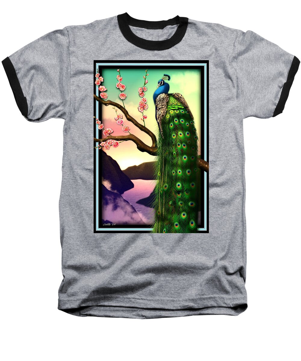 Male Peacock Baseball T-Shirt featuring the digital art Magnificent Peacock on Plum Tree in Blossom by John Wills