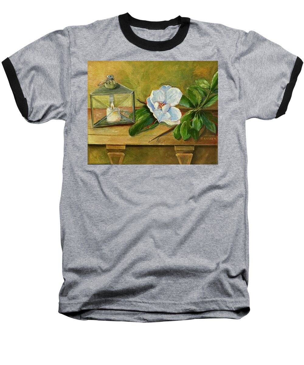 Magnolia Baseball T-Shirt featuring the painting Magnolia On Mantel by Jane Ricker