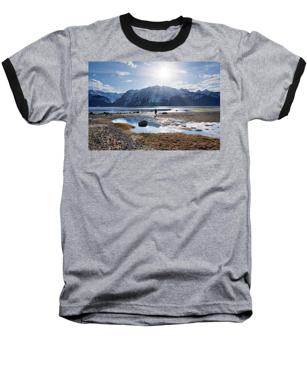 Alaska Baseball T-Shirt featuring the photograph Man walking on Southeast Alaskan Beach by Michele Cornelius