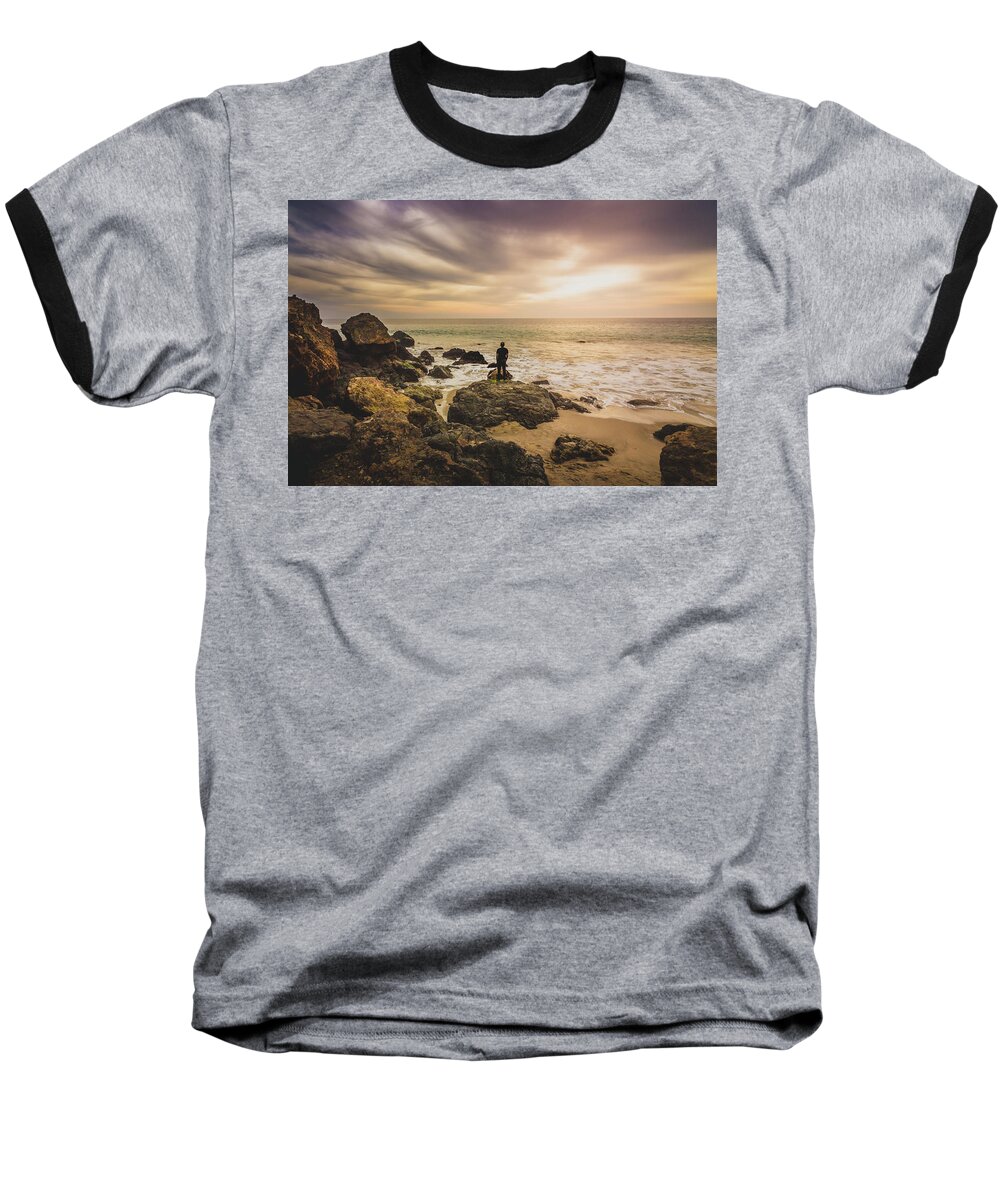 Beach Baseball T-Shirt featuring the photograph Man Watching Sunset in Malibu by Andy Konieczny