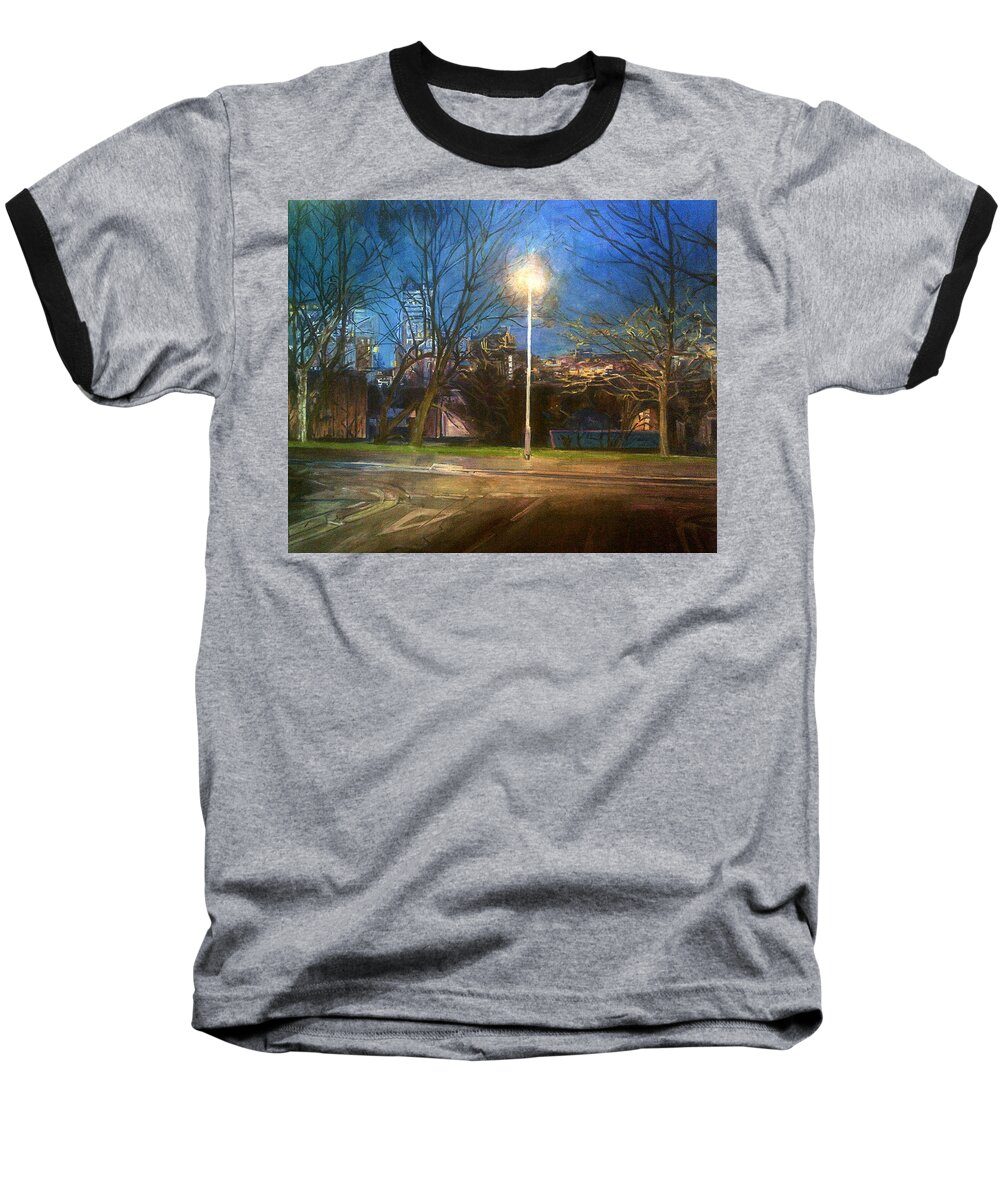 Manchester Street Lamp Bright Light Bare Trees Winter Blue Sky Buildings In Background Baseball T-Shirt featuring the painting Manchester Street With Light And Trees by Rosanne Gartner