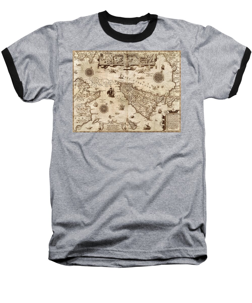 Map Of Sicily Baseball T-Shirt featuring the photograph Map Of Sicily 1594 by Andrew Fare