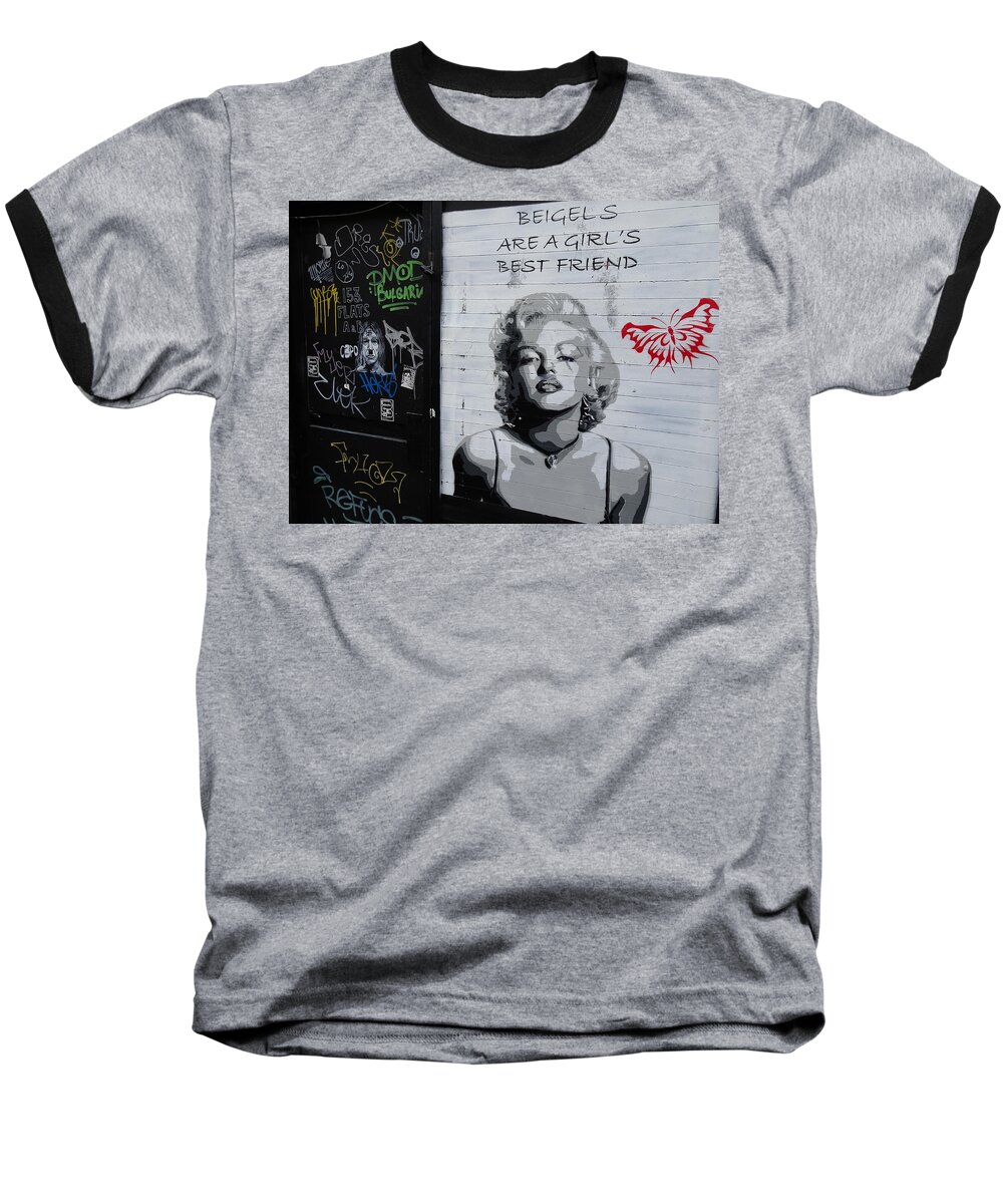 Marilyn Monroe Baseball T-Shirt featuring the photograph Marilyn Bagels in London  by Funkpix Photo Hunter