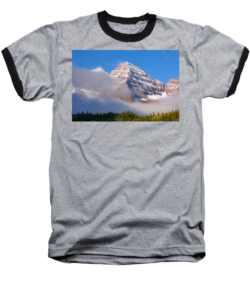 Maroon Bells Baseball T-Shirt featuring the photograph Maroon Peak Lifting Fog by Darren White