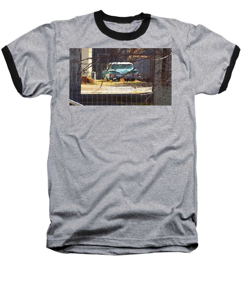 Old Car Baseball T-Shirt featuring the mixed media Memories of Old Blue, a car in Shantytown by Shelli Fitzpatrick