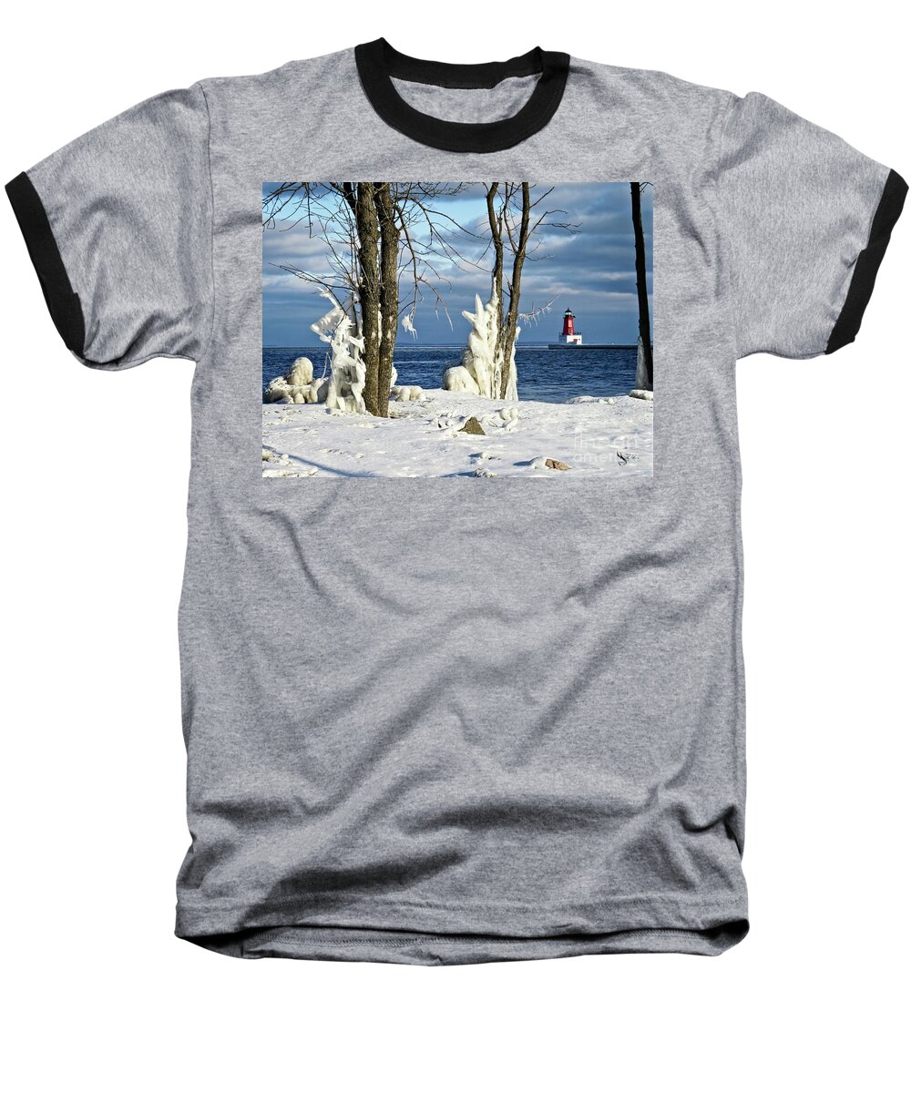 Menominee Lighthouse Baseball T-Shirt featuring the photograph Menominee Lighthouse Ice Sculptures by Ms Judi