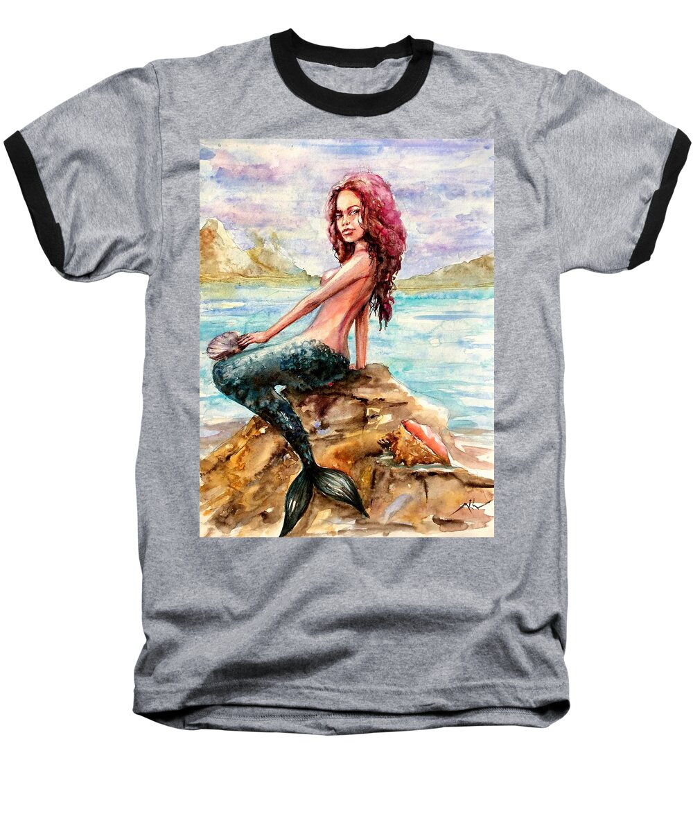 Mermaid Baseball T-Shirt featuring the painting Mermaid 4 by Katerina Kovatcheva
