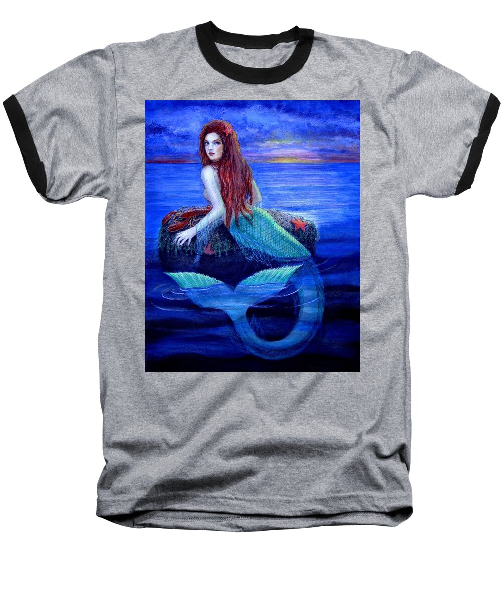 Mermaid Baseball T-Shirt featuring the painting Mermaid's Dinner by Sue Halstenberg