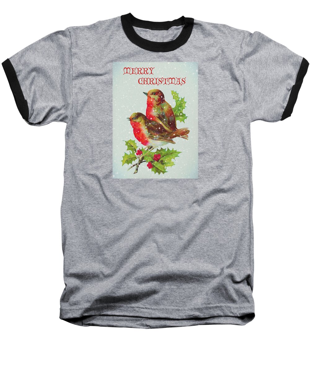 Merry Christmas Snowy Bird Couple Baseball T-Shirt featuring the digital art Merry Christmas Snowy Bird Couple by Sandi OReilly