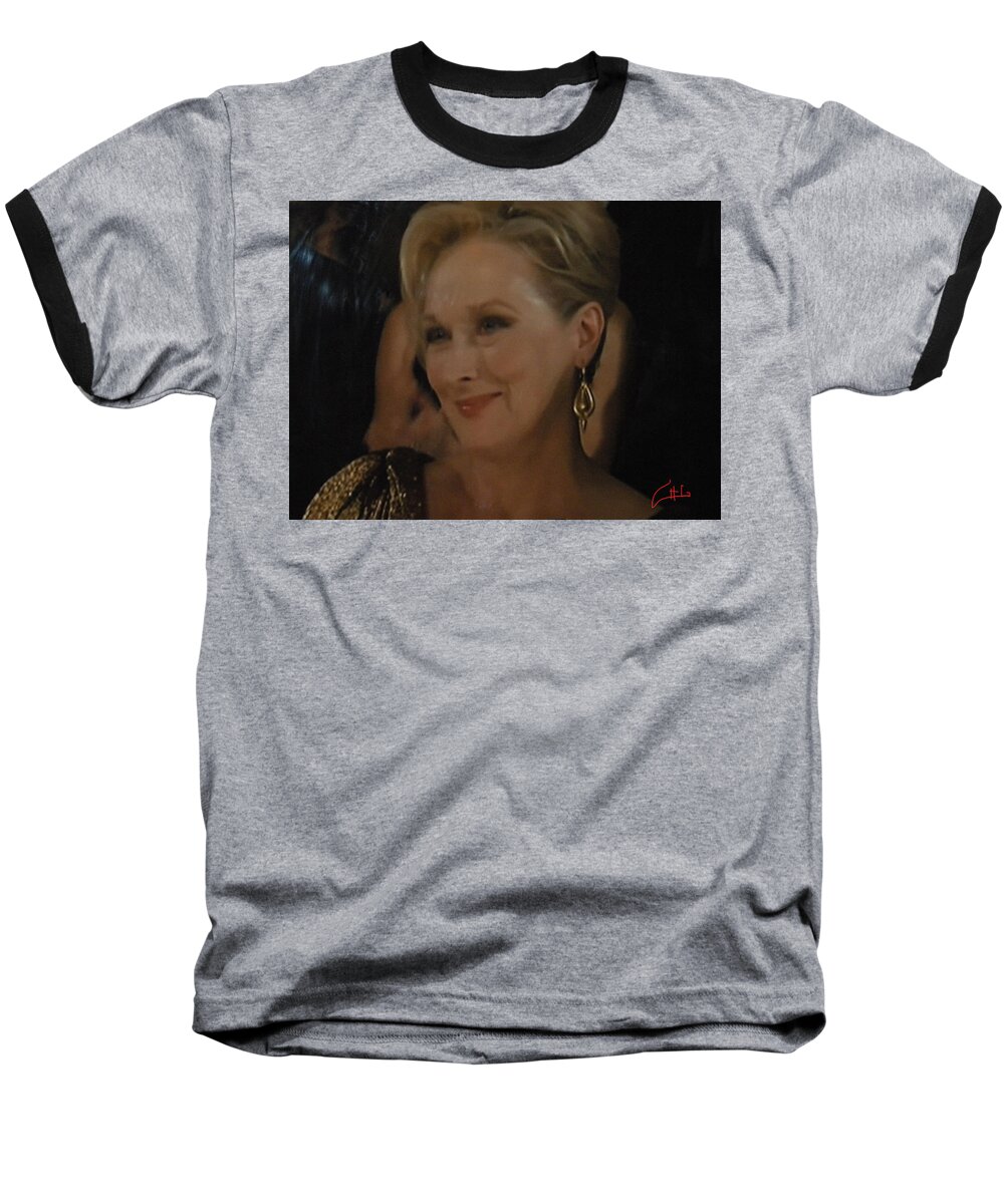 Colette Baseball T-Shirt featuring the photograph Meryl Streep receiving the Oscar as Margaret Thatcher by Colette V Hera Guggenheim