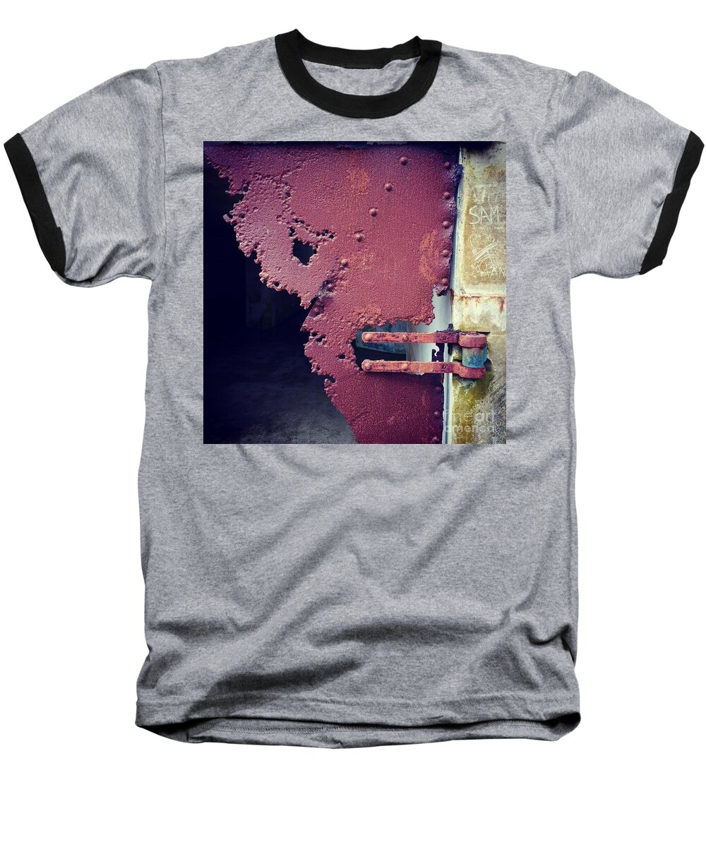 Mental Baseball T-Shirt featuring the photograph Metal Door Ode to Sam by Suzanne Lorenz