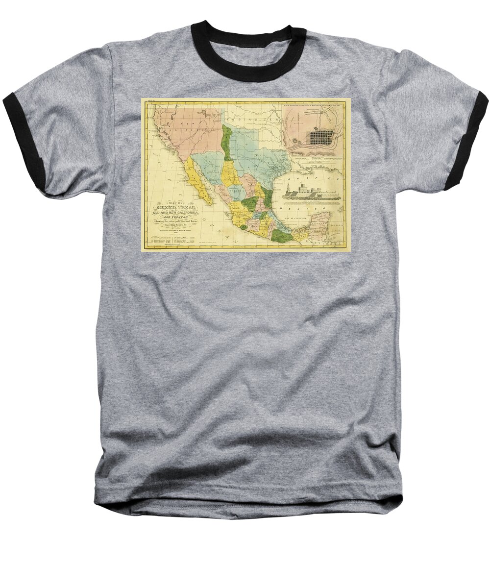 Map Baseball T-Shirt featuring the digital art Mexico, Texas, Old and New California 1847 by Texas Map Store